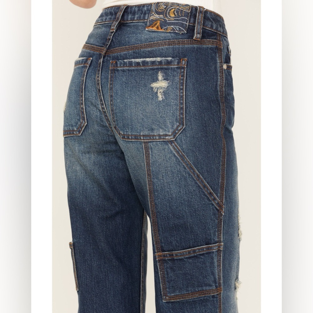 Cleo + Wolf High Rise Straight Carpenter Jeans Distressed Dark Wash 27x32 - Picture 13 of 13